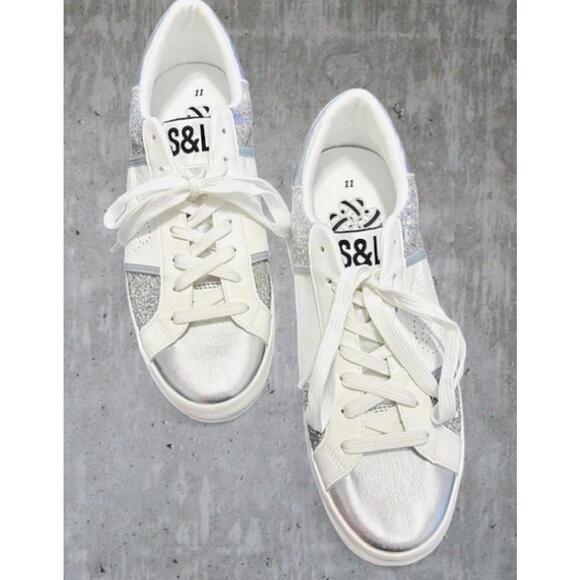 Shoes - Sam & Libby Alina Glitter Sneakers Womens 11 — White Faux Leather, Comfy Glam